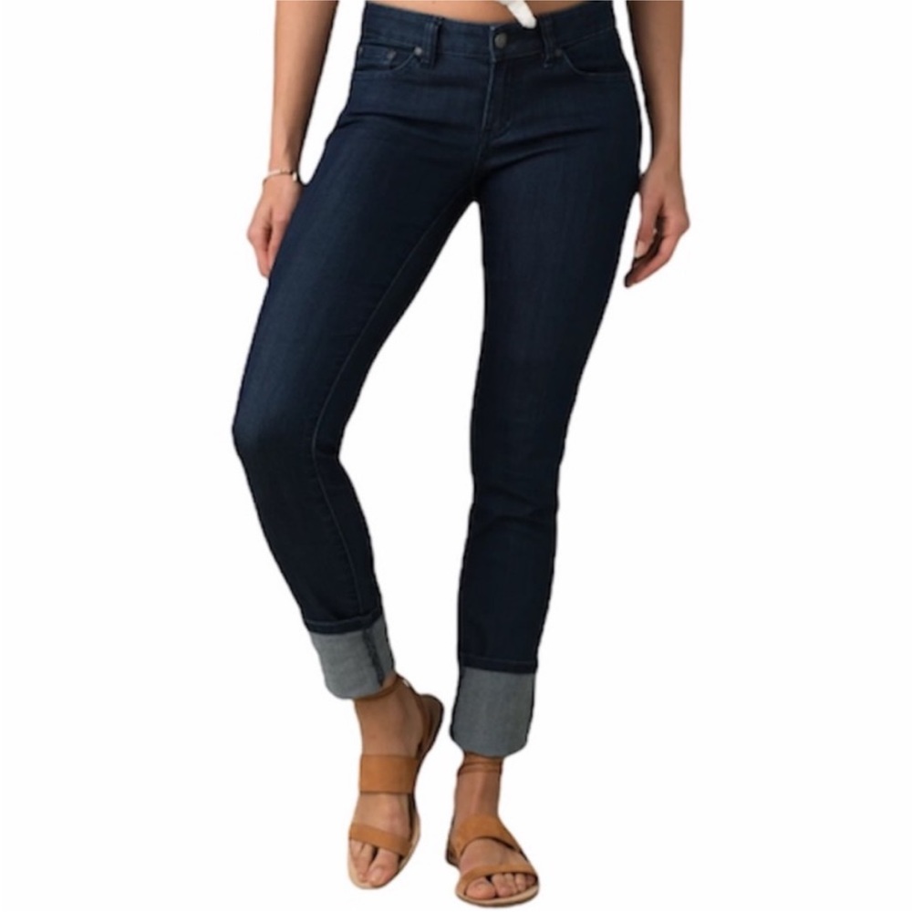 PrAna Kara Jean in Denim Solid sz 10 Cuffed Stretch Organic Cotton Dark Rinse